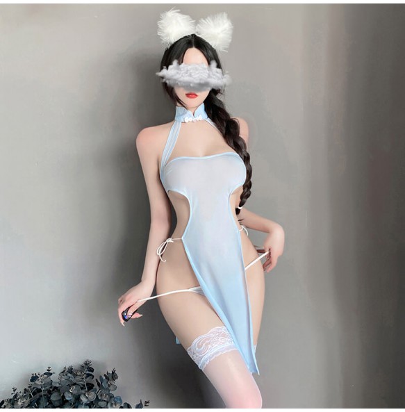 FEE ET MOI - Sexy Classical High-Slit Silk Cheongsam With Stockings (Light Blue)